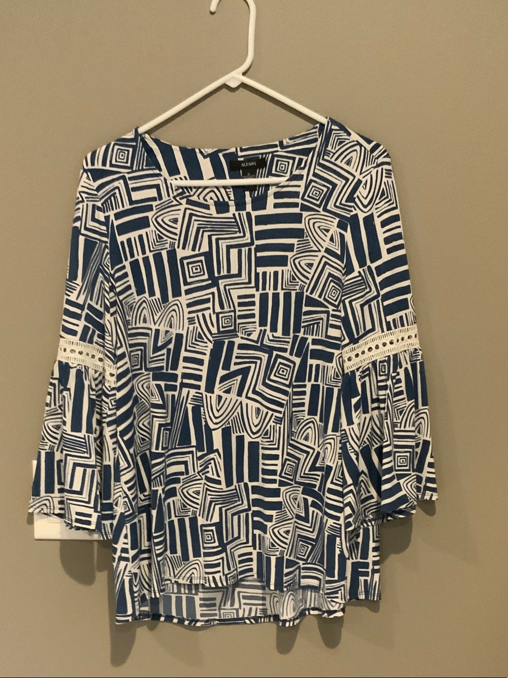 Alfani Navy and White Geometric Bell Sleeve Tunic